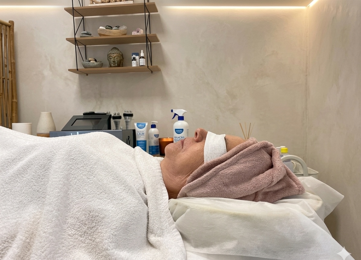 Cliente a receber tratamento facial relaxante no Studio Fernanda Silva